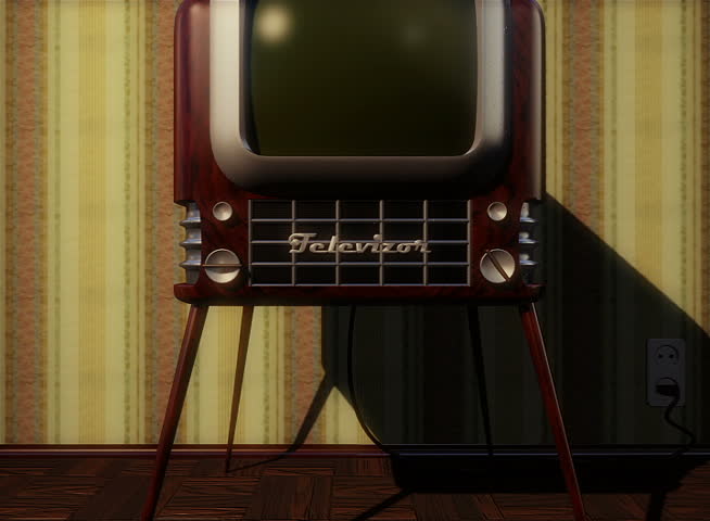 Retro television. Camera moves around the old TV and runs into the screen. Alpha channel included. PAL version.