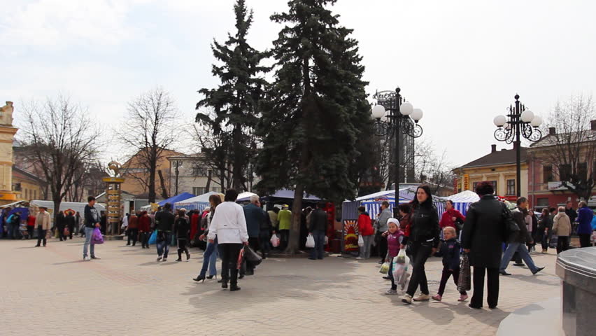 IVANO-FRANKIVSK, UKRAINE - APRIL 12: National fair before Easter near fountain Egg in city center on April 12, 2012 in Ukraine, Ivano-Frankivsk. In Ukraine Easter is called Velykden (The Great Day)