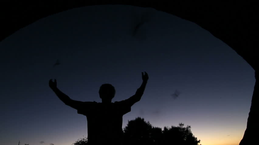 Bat man stands in front of tunnel at sunset, arms raised, as bats fly past him to feed on insects. 1080p.