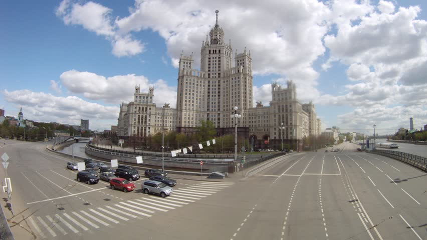 MOSCOW - APR 30: (Timelapse View) Stalin skyscraper stands at intersection of two highways on embankment, on April 30, 2012 in Moscow, Russia. House in 1938-1940, 1948-1952 was under construction