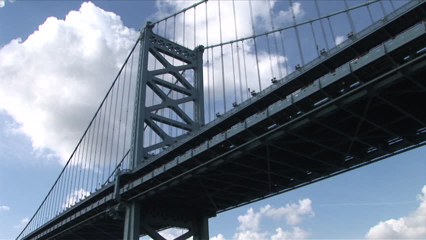 View of Ben Franklin Bridge in Philadelphia in front of clouds