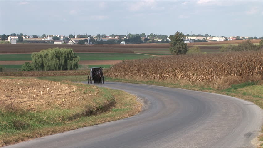 Amish horse and buggy passing another on the road in Lancaster, Pennsylvania
