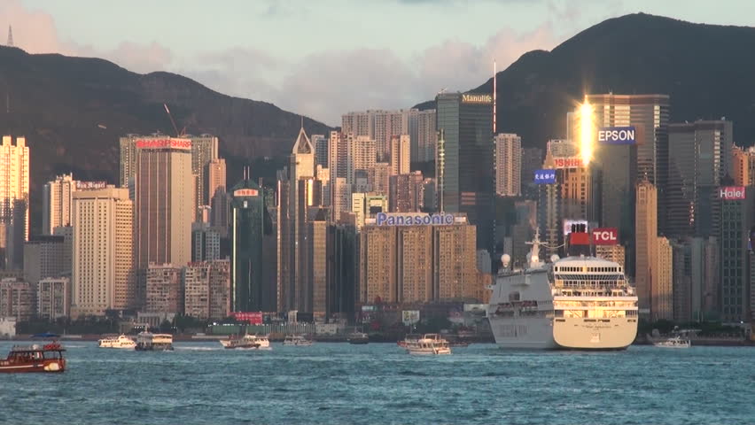 HONG KONG - JULY 27 2010: Beautiful overview of the skyline of Hong Kong at sunset