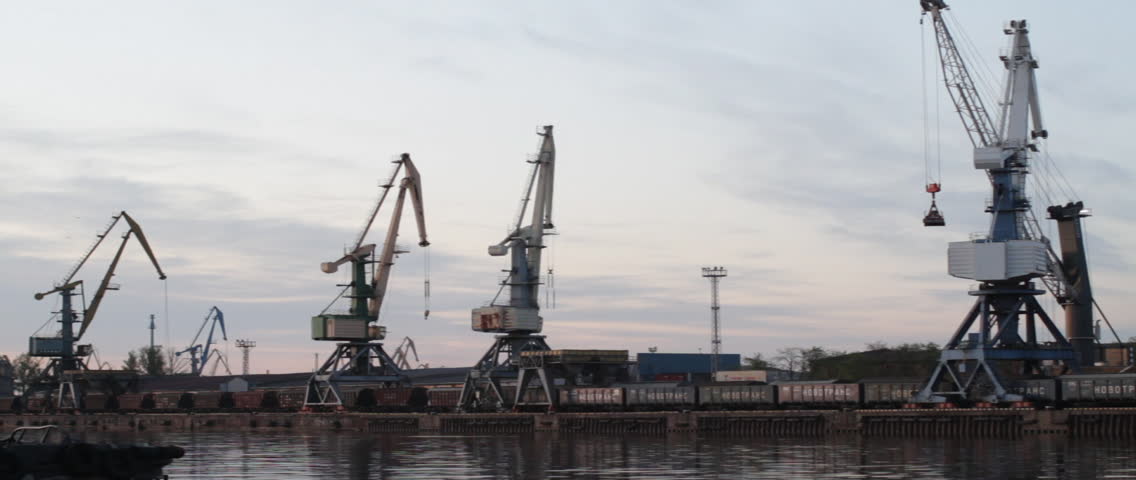 Freight train stopping at a harbor in Andrejsala, Riga, Latvia.