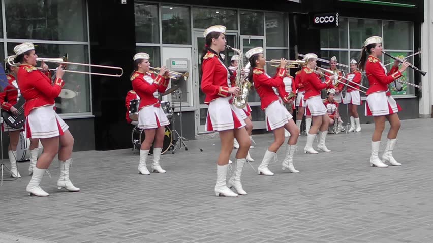 SUMY - JUNE 28: Female Brass Band performing at celebration of the Day of Constitution of Ukraine on June 28, 2012 in Sumy, Ukraine 