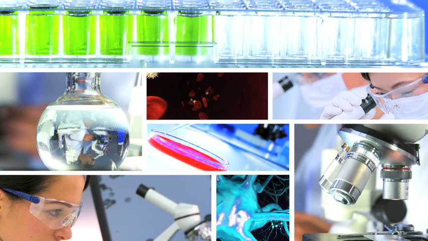 Montage images medical researchers using laboratory equipment with 3D computer generated graphics