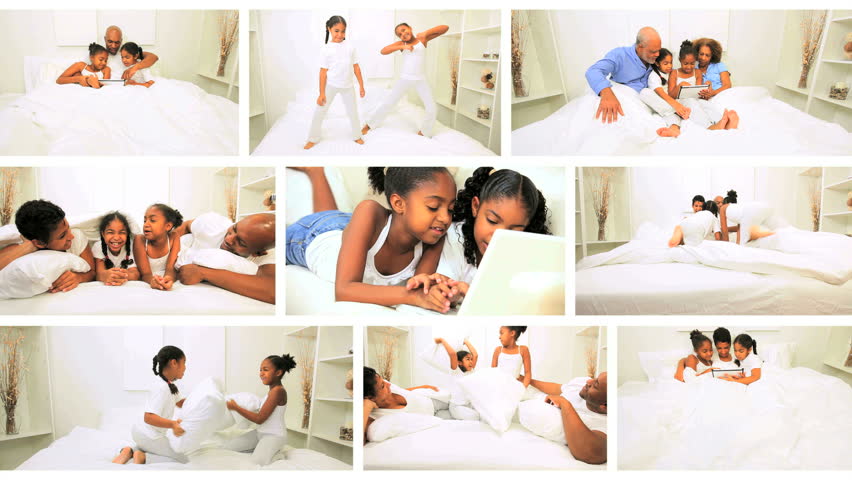 Montage scenes happy African American family generations in home bedroom