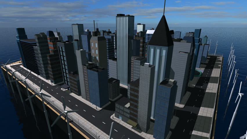 3D digital view of a city being resourced by sustainable renewable energy