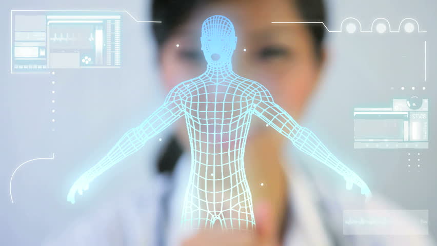 Commercial images Asian Chinese doctor digital motion graphic virtual 3D of running man for medical and scientific research data