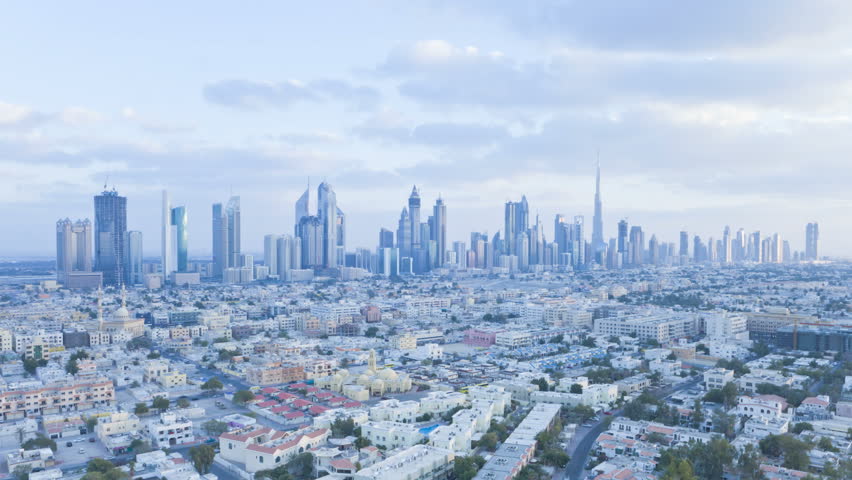 a skyline view of the new Dubai skyline of modern architecture and skyscrappers on Sheikh Zayed Road, Dubai UAE
