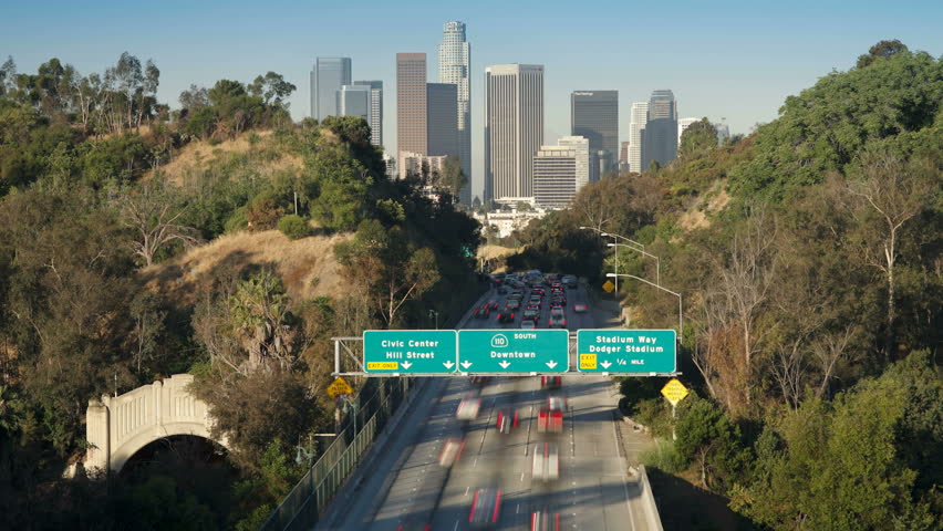 LOS ANGELES - CIRCA MAY 2011: Time lapse of Pasadena Freeway leading into the financial centre of Downtown LA circa May 2011 in Los Angeles, CA.