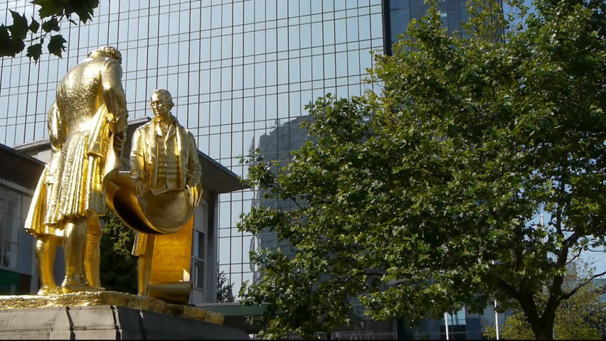 The statue of 18th Century industrialists Boulton, Watt and Murdoch in Birmingham, England.