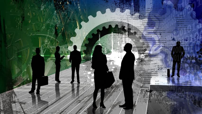 Silhouettes of business professionals interacting in an environment of working gears with a cool color scheme and camera pan and zoom.