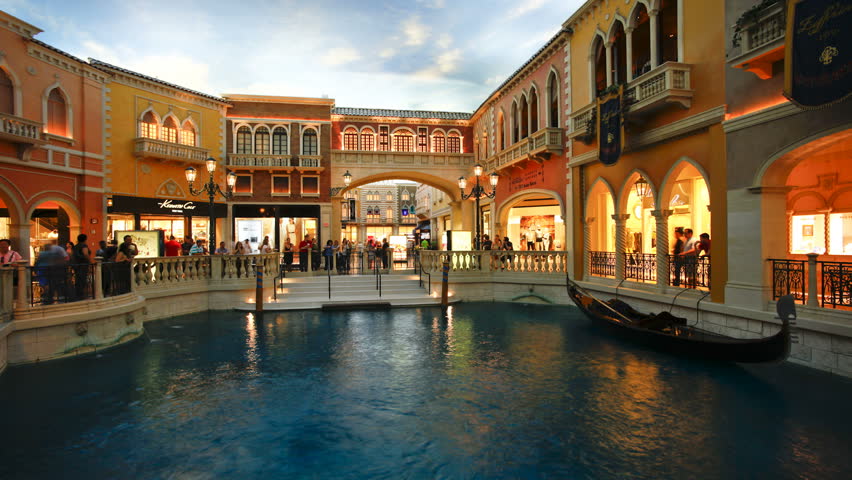LAS VEGAS - CIRCA MAY 2011: Time lapse Gondolas and shops in the Canals of the Venetian Casino 