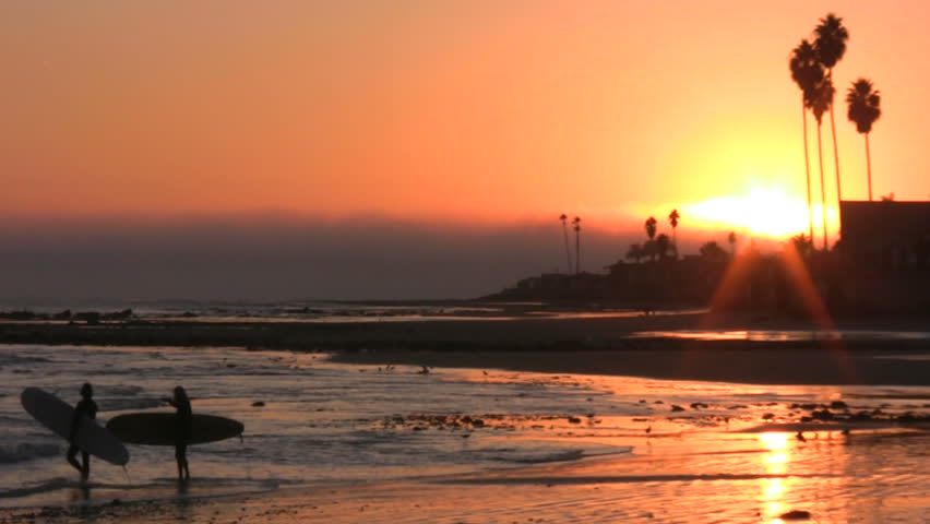 Surfers and their boards on the beach at sunset
