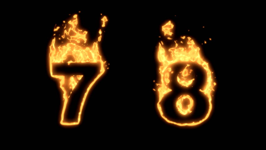 Flaming Alphabet. Numbers 7 and 8 bursting into flames. Part of a series an alphabet, numbers and other characters.