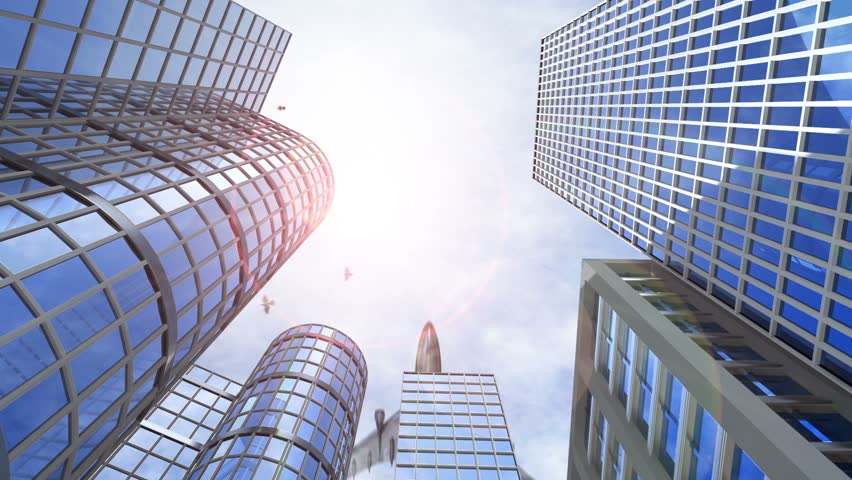 animated growing transforming buildings with flying birds and airplane
