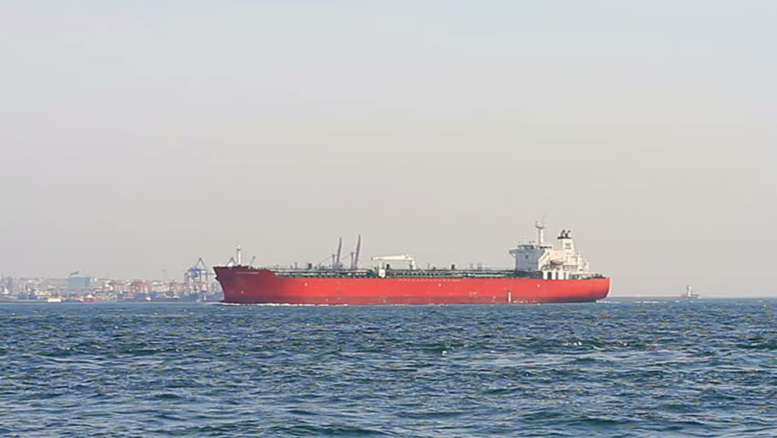 Red tanker ship sails in to Bosporus Sea
