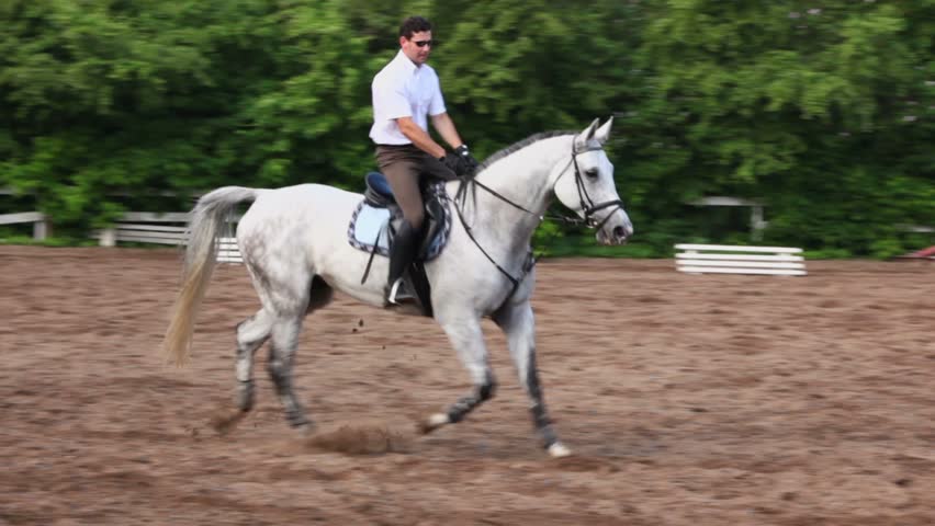 Horseman rides on horseback equestrian field with bars and other equipment
