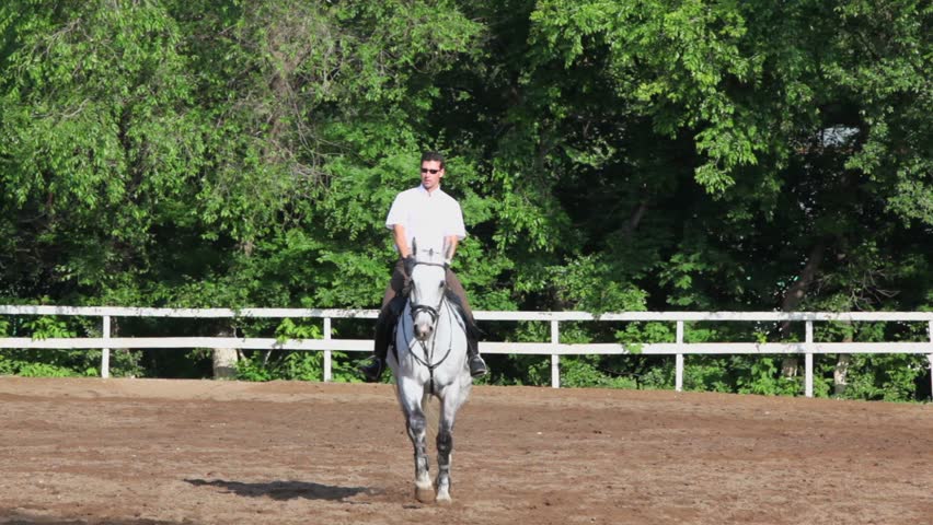 Jockey rides on horseback equestrian field with bars and other equipment