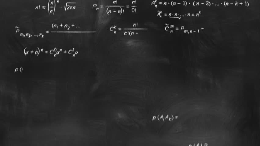 math physics formulas on chalkboard flying camera, computer generated, HD 1080 progressive