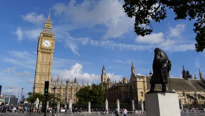 Big Ben, UK parliament and statue of Winston Churchill.