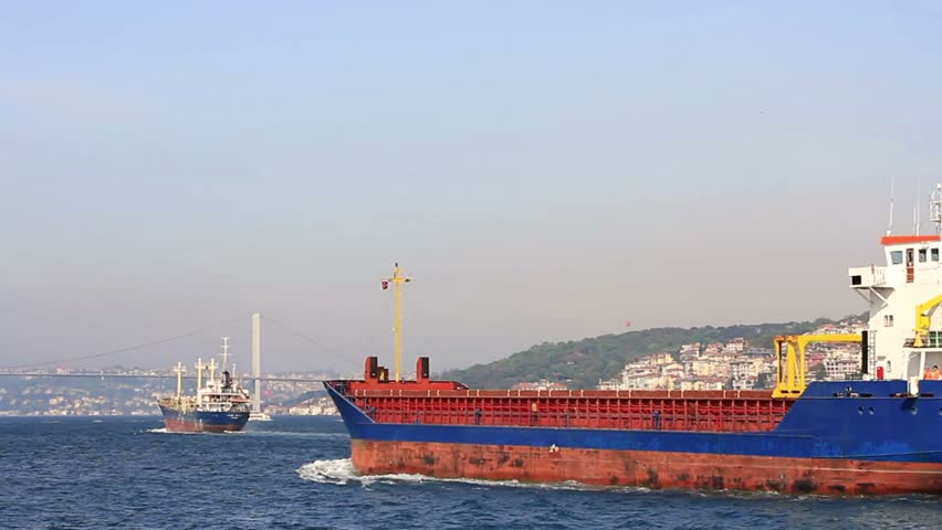 ISTANBUL - MAY 2: Cargo Ship EUROSTAR (IMO: 9114696, Neth Antilles) sails in Bosporus Sea on May 2, 2012 in Istanbul. Some 50,000 ships pass through the Straits every year.
