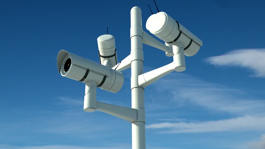 security cameras in motion under the clouds with green screen