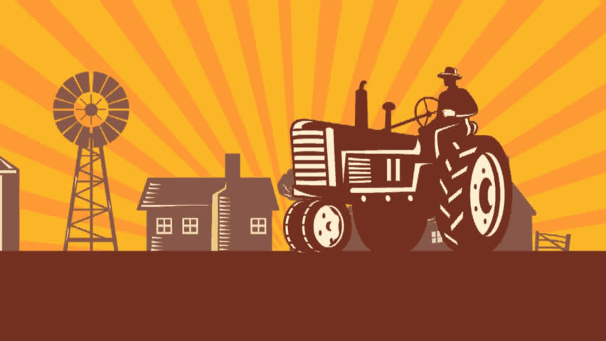 animation of a vintage farm tractor in farm field with farmhouse barn windmill tree done in retro style.