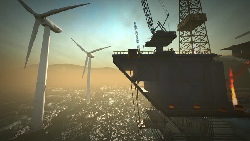 Oil rig platform and wind turbines off shore