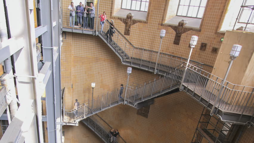 HAMBURG, GERMANY, MAY 20, 2011: Time lapse elevator and stairs in the old Elbtunnel, Hamburg, Germany 