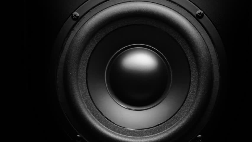 Closeup at moving sub-woofer. Speaker part. 