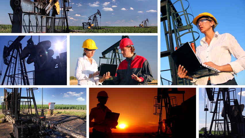 Workers in an oilfield, split screen. Female engineer and oil man working together, teamwork 