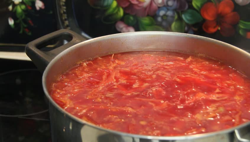 Ukrainian and russian national red beet soup closeup