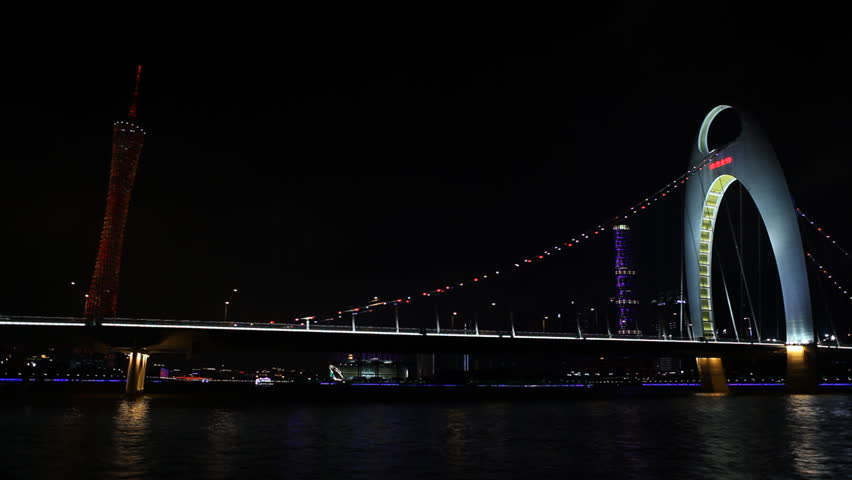 GUANGZHOU, CHINA - MAY 12, 2012 Liede Bridge, Pearl River, International Finance Center, IFC, Guangzhou, China, time lapse