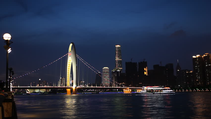 GUANGZHOU, CHINA - MAY 12, 2012 Liede Bridge, International Finance Center, IFC, Pearl River, Guangzhou, China, time lapse