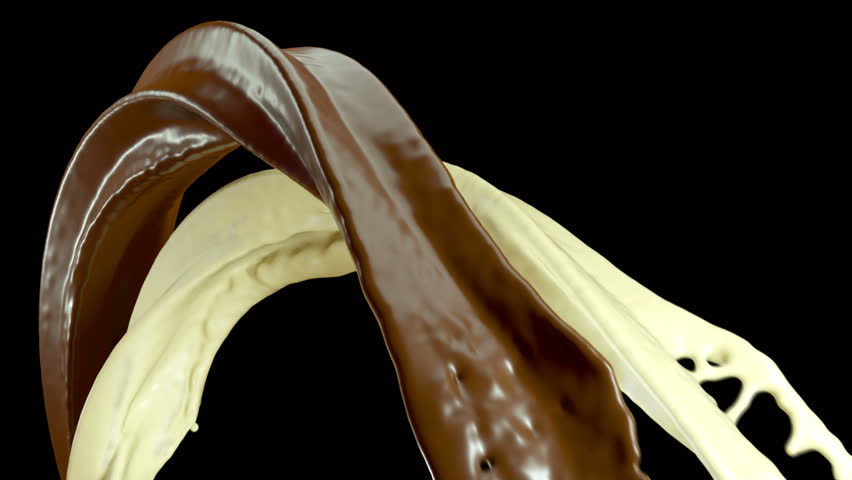 Hot dark and milk chocolate slow motion splashes. Alpha is included