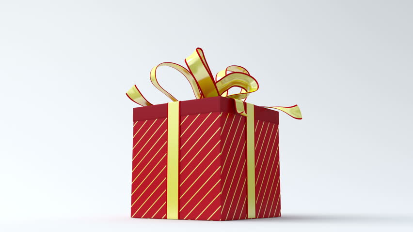 Red gift box with gold ribbon opening. Include alpha channel.