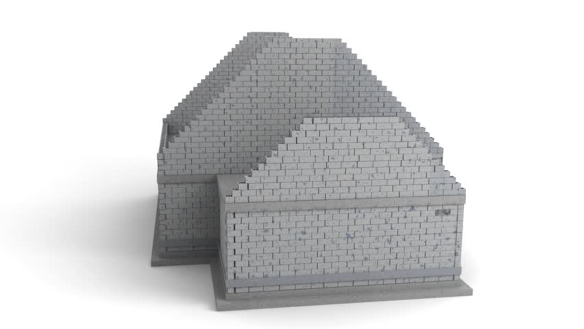 3D animation showing a home construction process from the basement to the roofing installation.