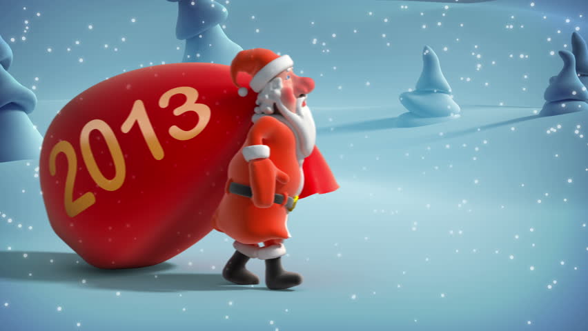 Santa Claus with big bag. 3d animation.