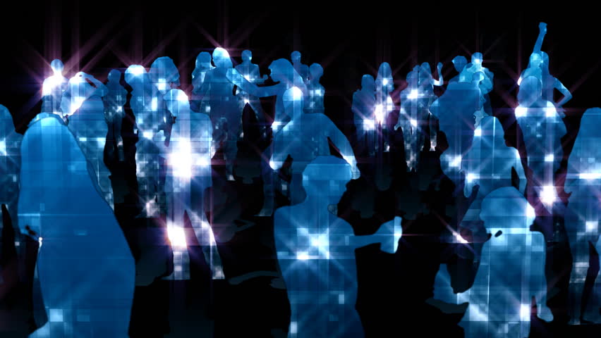 Camera flight over dancing shiny crowd, seamless loop, HD1080p