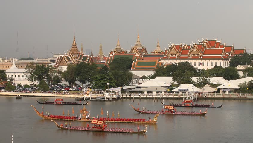 BANGKOK, THAILAND - NOV 6: Rehearsals of the Thailand's Royal Barge Procession on the Chao Phraya river for a royal ceremony marking the end of buddhist lent on November 6, 2012 in Bangkok, Thailand.