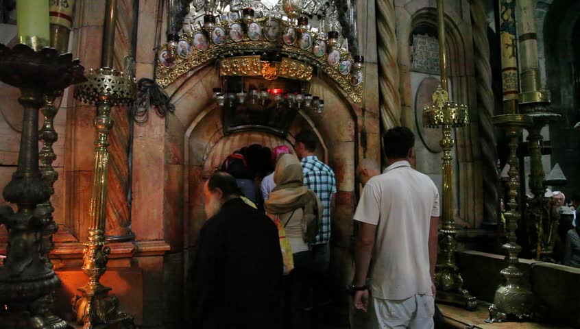 JERUSALEM - NOVEMBER 01: Christian pilgrims visit the the Rotunda and the Edicule in the Church of the Holy Sepulchre during visit to the holy land November 01 2012 in Old City Jerusalem, Israel
