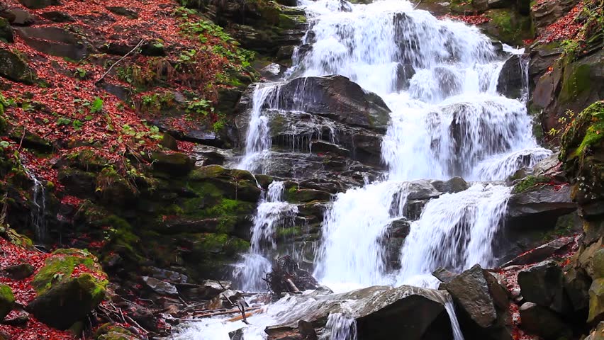 Waterfall in autumn forest. Vivid colors.