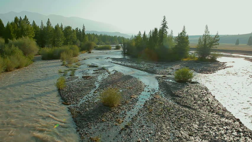 flight over mountain river