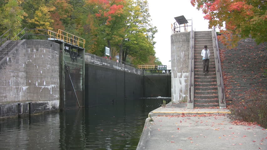 Autumn colours at a boat lock. Welland Canal, Lakefield, Ontario, Canada.