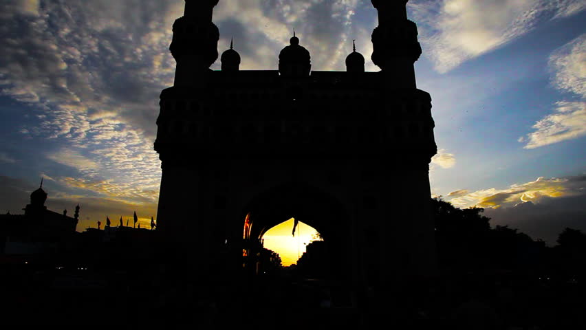 Tilt up shot of Charminar at sunset, Hyderabad, Andhra Pradesh, India