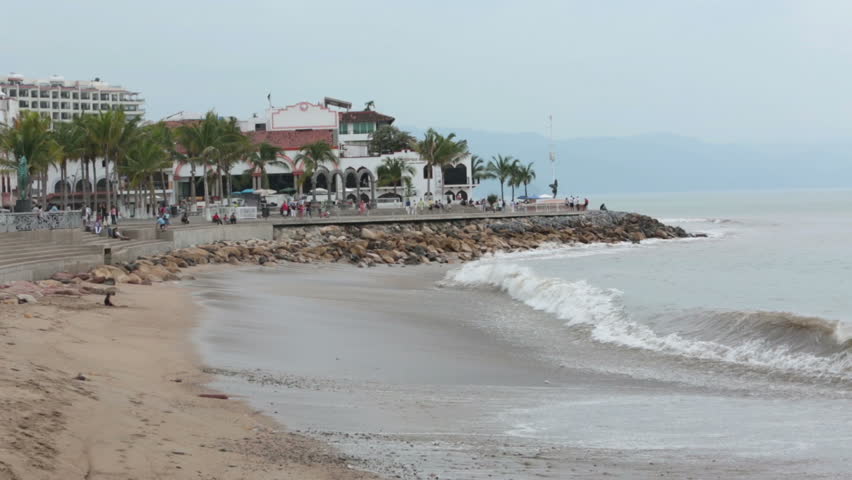 Puerto Vallarta Boardwalk Malecon beach. Puerto Vallarta Boardwalk and Malecon beach and tourist area on shore of Banderas Bay on edge of Pacific Ocean. Cultural and artistic center of the city.