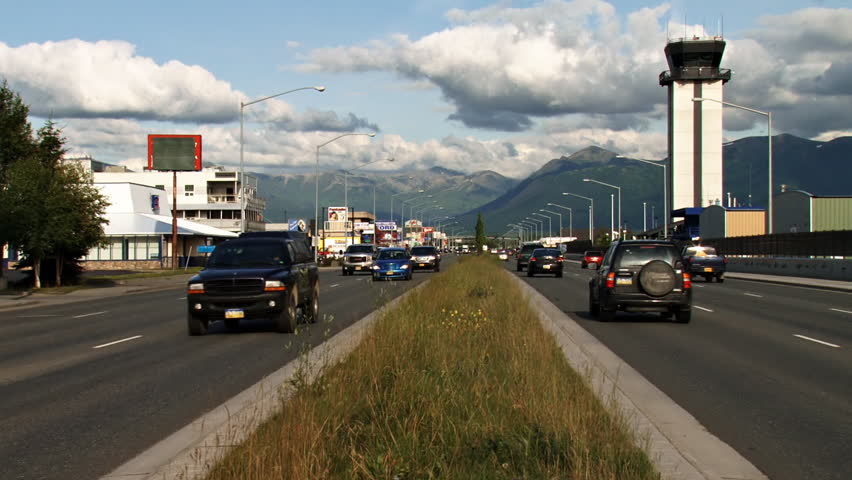 ANCHORAGE, AK - CIRCA 2012: Late rush hour on a Friday afternoon in Anchorage, Alaska, on East. 5th Ave, just before it becomes Glenn Highway near Merrill Field airport.