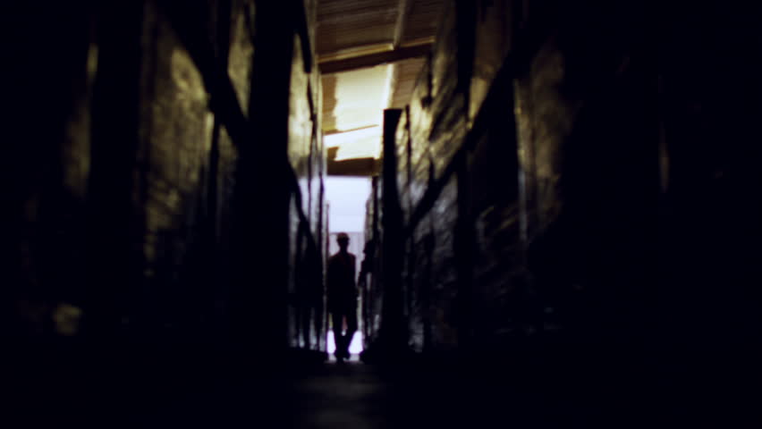 A male industrial worker is walking down a dark and narrow passageway between two rows of goods in a warehouse. He is silhouetted against the bright daylight behind him. Low angle and in slow motion.